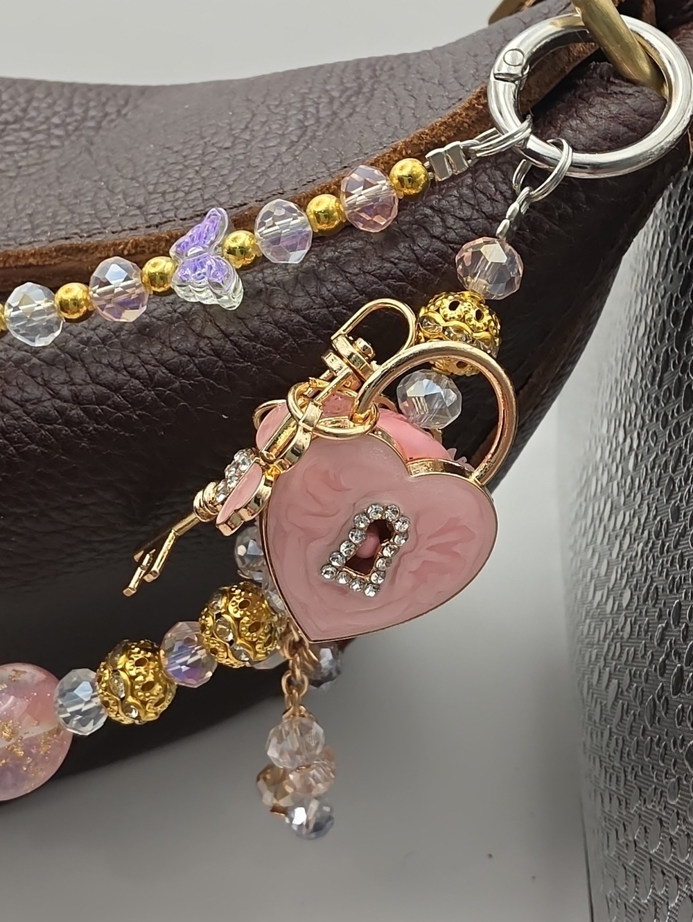 Pink Heart Lock & Beaded Keychain Charm - Women Accessories (Bag Not Incl.)